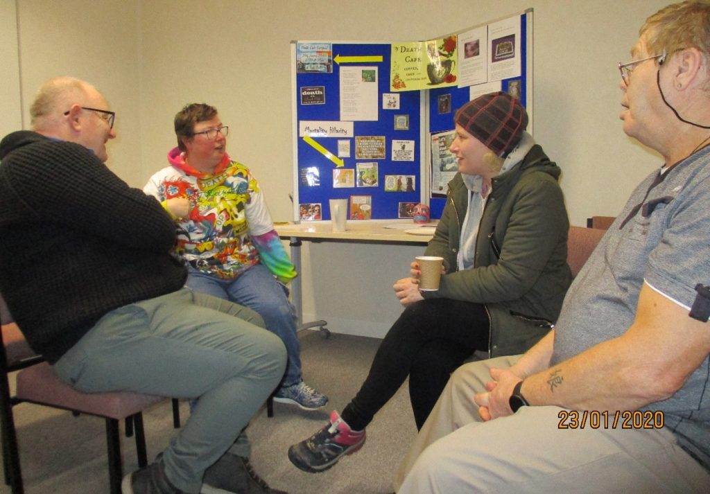 Lisa at the last coffee morning talking about her experience of attending a Death Cafe.